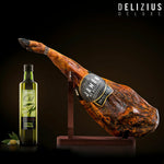 Set di Prosciutto Iberico di Bellota, Olio d’Oliva e Porta Prosciutto Delizius Deluxe